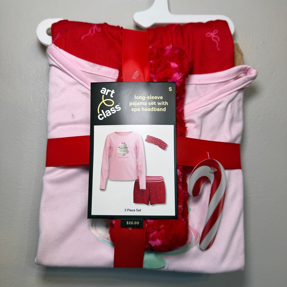 Art Class Girls Pajama Set 3pc Pink Red Holiday Cake Spa Headband Size S 6/6X